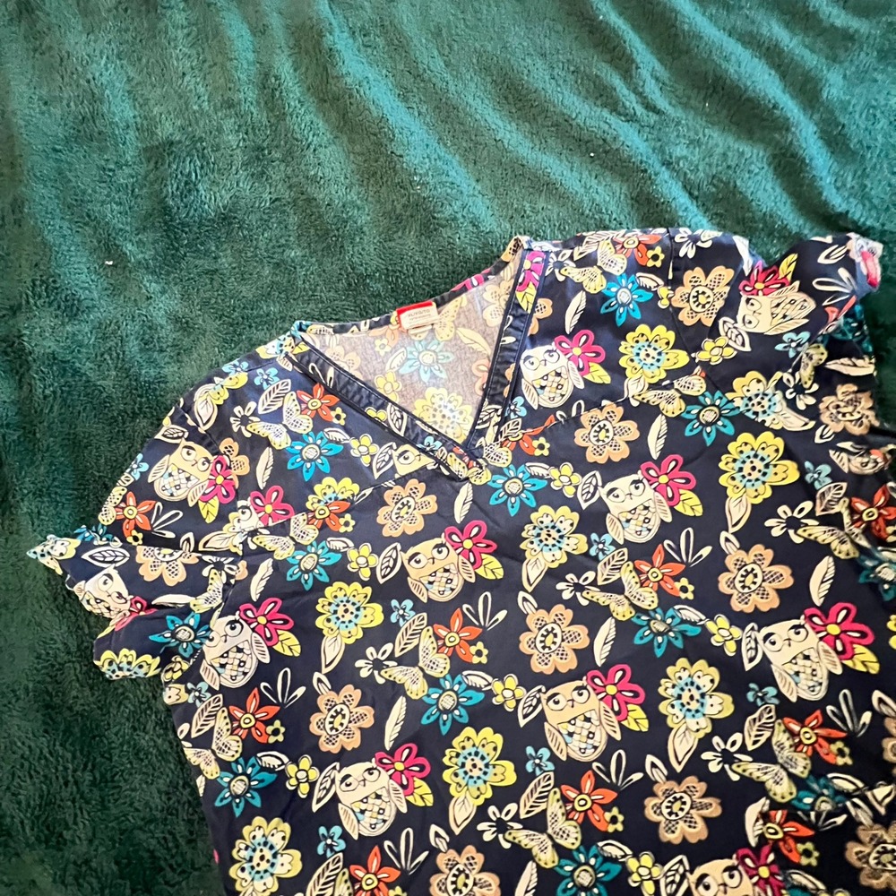 Dickies Owl Floral Scrub Top Women XL Navy Blue V-Neck Cotton